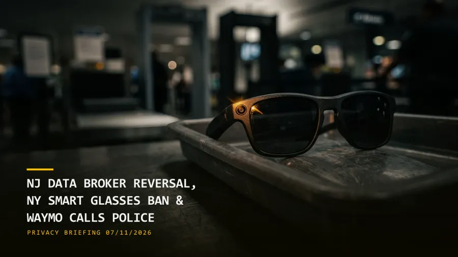 NJ Data Broker Reversal, NY Smart Glasses Ban & Waymo Calls Police (07/11/2026)