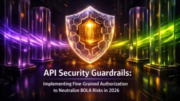 A digital 3D conceptual illustration featuring a glowing geometric shield protecting a golden data core, flanked by translucent glass pillars representing microservices in a deep purple and electric green color palette.