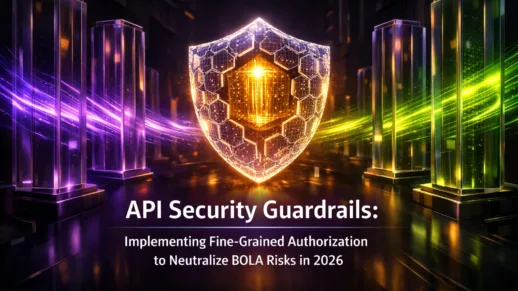 A digital 3D conceptual illustration featuring a glowing geometric shield protecting a golden data core, flanked by translucent glass pillars representing microservices in a deep purple and electric green color palette.