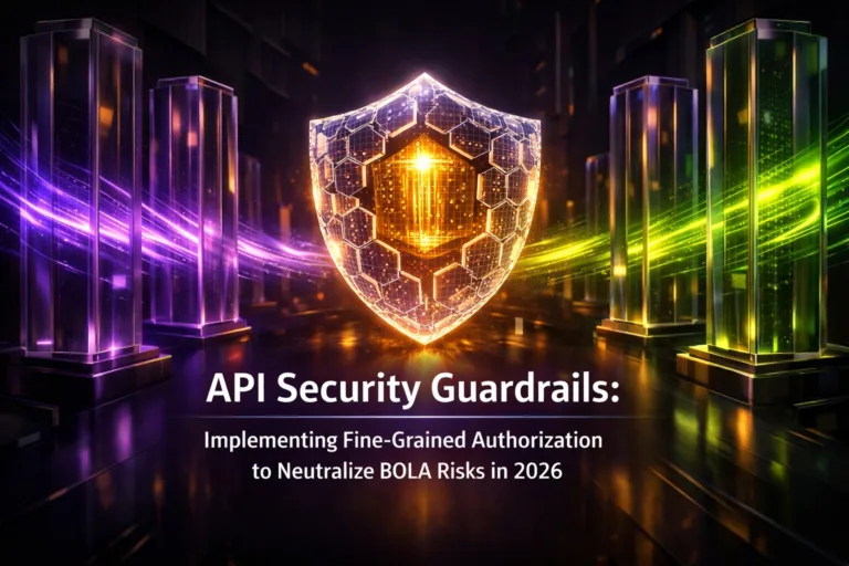 A digital 3D conceptual illustration featuring a glowing geometric shield protecting a golden data core, flanked by translucent glass pillars representing microservices in a deep purple and electric green color palette.