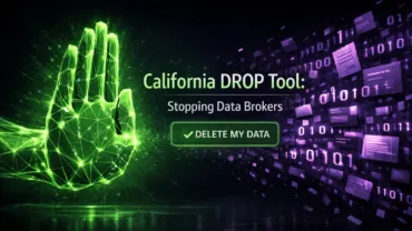 Digital hand stopping data stream with text California DROP Tool Stopping Data Brokers and Delete My Data button.
