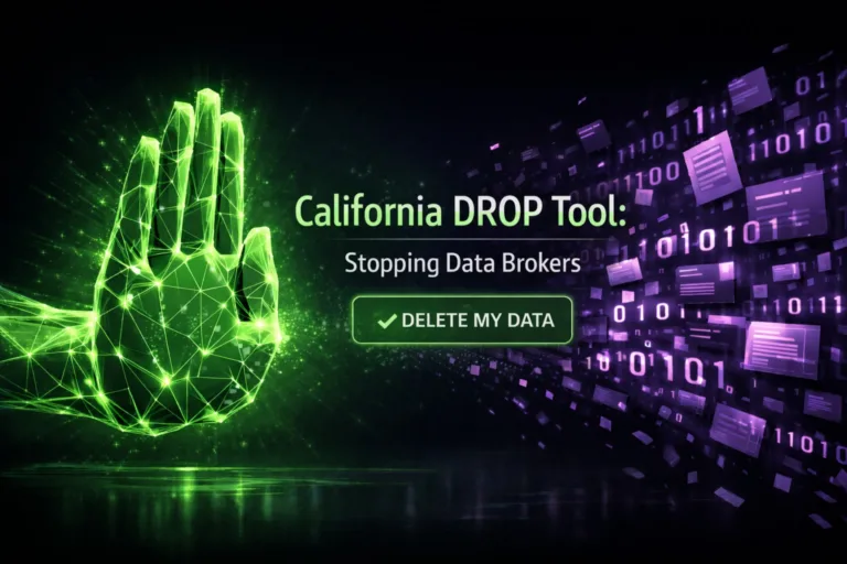 Digital hand stopping data stream with text California DROP Tool Stopping Data Brokers and Delete My Data button.