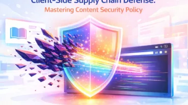 A digital illustration featuring a glowing, iridescent shield protecting a stylized web browser interface from a stream of dark, jagged purple shards. The header text reads "Client-Side Supply Chain Defense: Mastering Content Security Policy" in blue and orange typography.