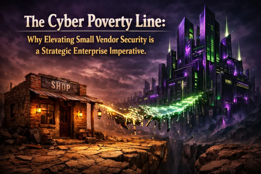 A metaphorical illustration showing a small, crumbling brick shop connected to a massive, futuristic enterprise fortress by a fracturing digital bridge. Text overlay reads: "The Cyber Poverty Line: Why Elevating Small Vendor Security is a Strategic Enterprise Imperative."