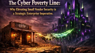 A metaphorical illustration showing a small, crumbling brick shop connected to a massive, futuristic enterprise fortress by a fracturing digital bridge. Text overlay reads: "The Cyber Poverty Line: Why Elevating Small Vendor Security is a Strategic Enterprise Imperative."