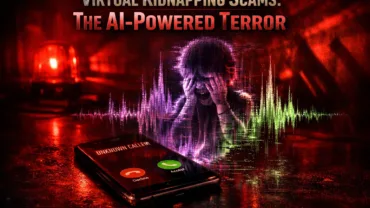 Smartphone displaying an unknown incoming call on a dark surface, overlaid with digital sound waves forming a distressed child's silhouette. Title text reads: Virtual Kidnapping Scams: The AI-Powered Terror.