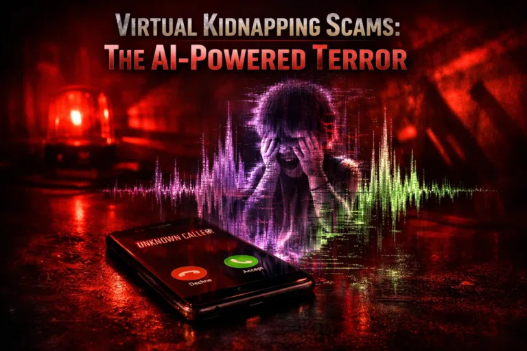 Smartphone displaying an unknown incoming call on a dark surface, overlaid with digital sound waves forming a distressed child's silhouette. Title text reads: Virtual Kidnapping Scams: The AI-Powered Terror.